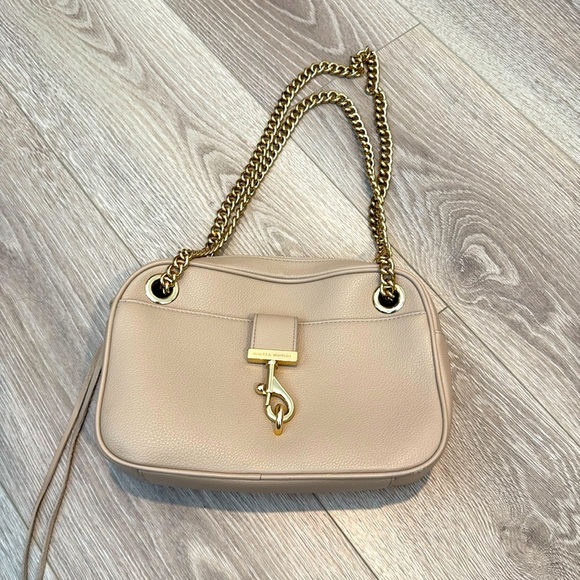 Rebecca Minkoff Lou Shoulder Bag Nude Beige Pebbled Leather Chain Crossbody - Picture 1 of 5
